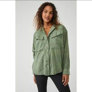 Free People We The Free Silver Lining Quilted Shirt Buttondown Top L